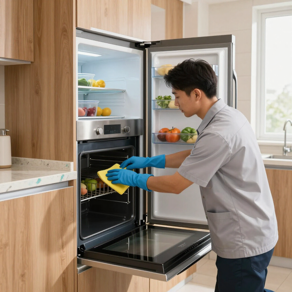 Person cleaning the inside of an open refrigerator with a yellow cloth in a bright kitchen