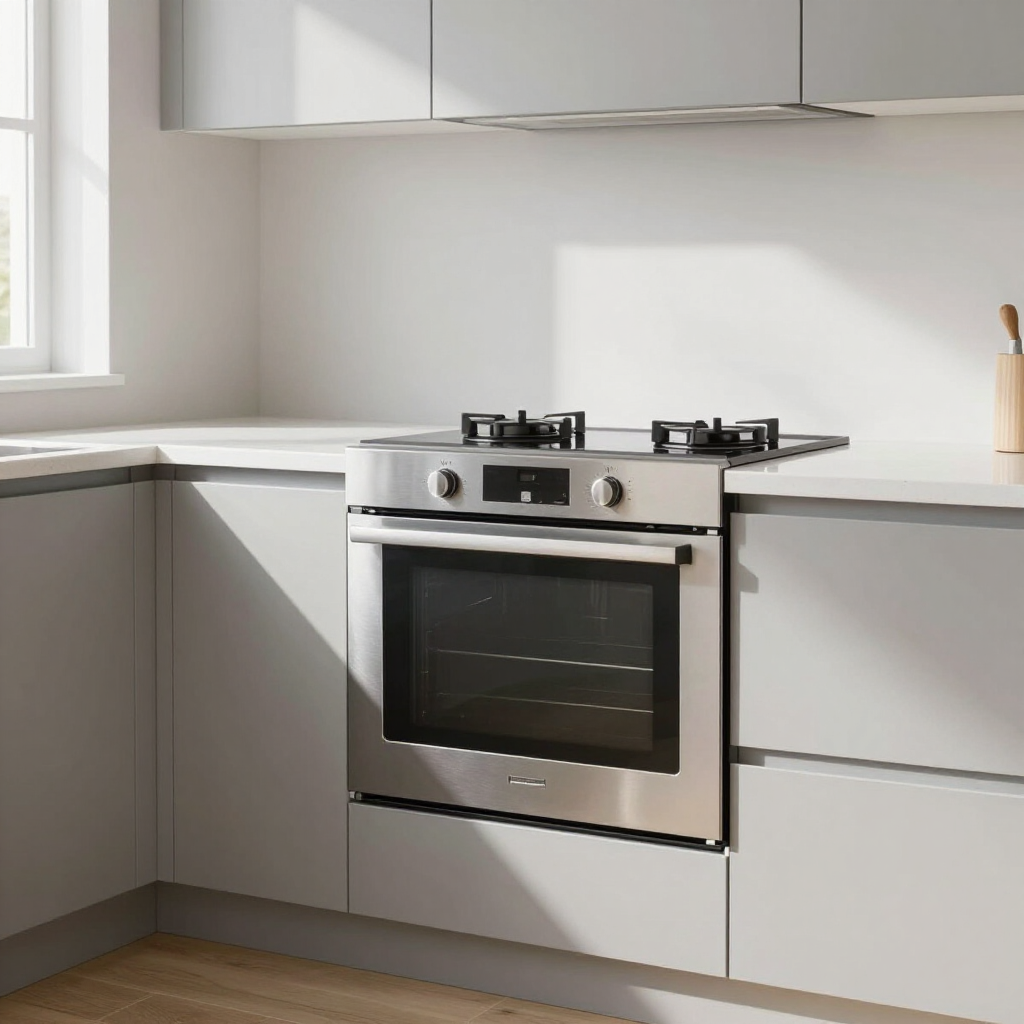 Modern white kitchen with built-in stainless steel oven and gas cooktop by a window