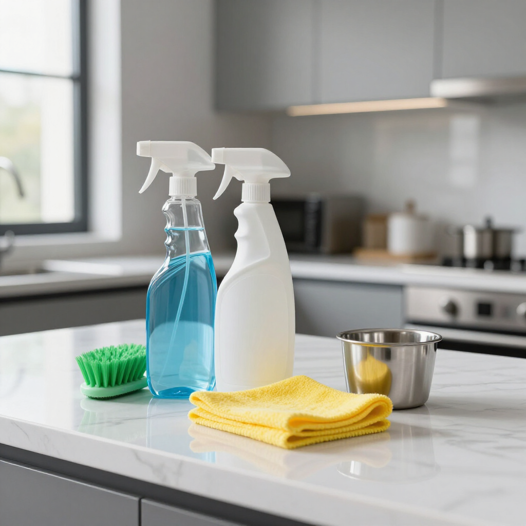 Cleaning supplies on a kitchen counter: spray bottles, cloths, sponge, and a small metal bowl.