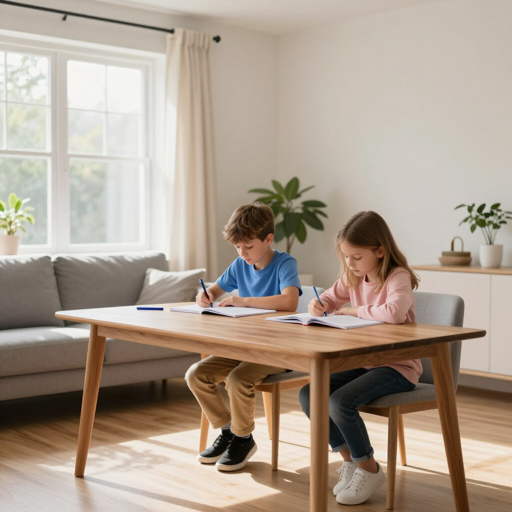 Two children writing at a wooden table in a bright living room near a window