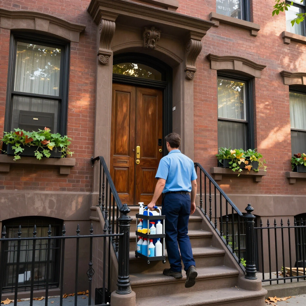 Delivery worker carrying packages up brownstone steps to a front door