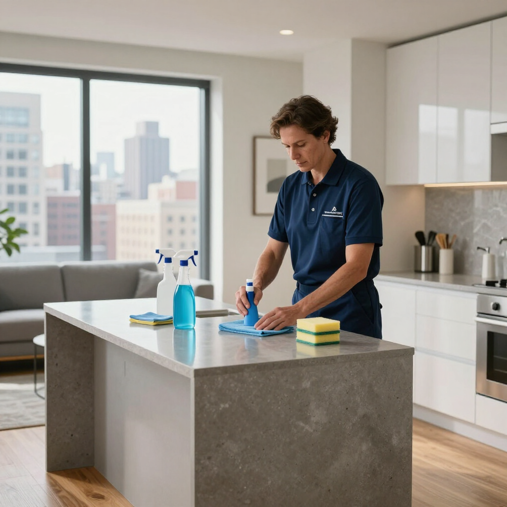 Person cleaning a kitchen island with spray bottle and cloth in a modern apartment kitchen