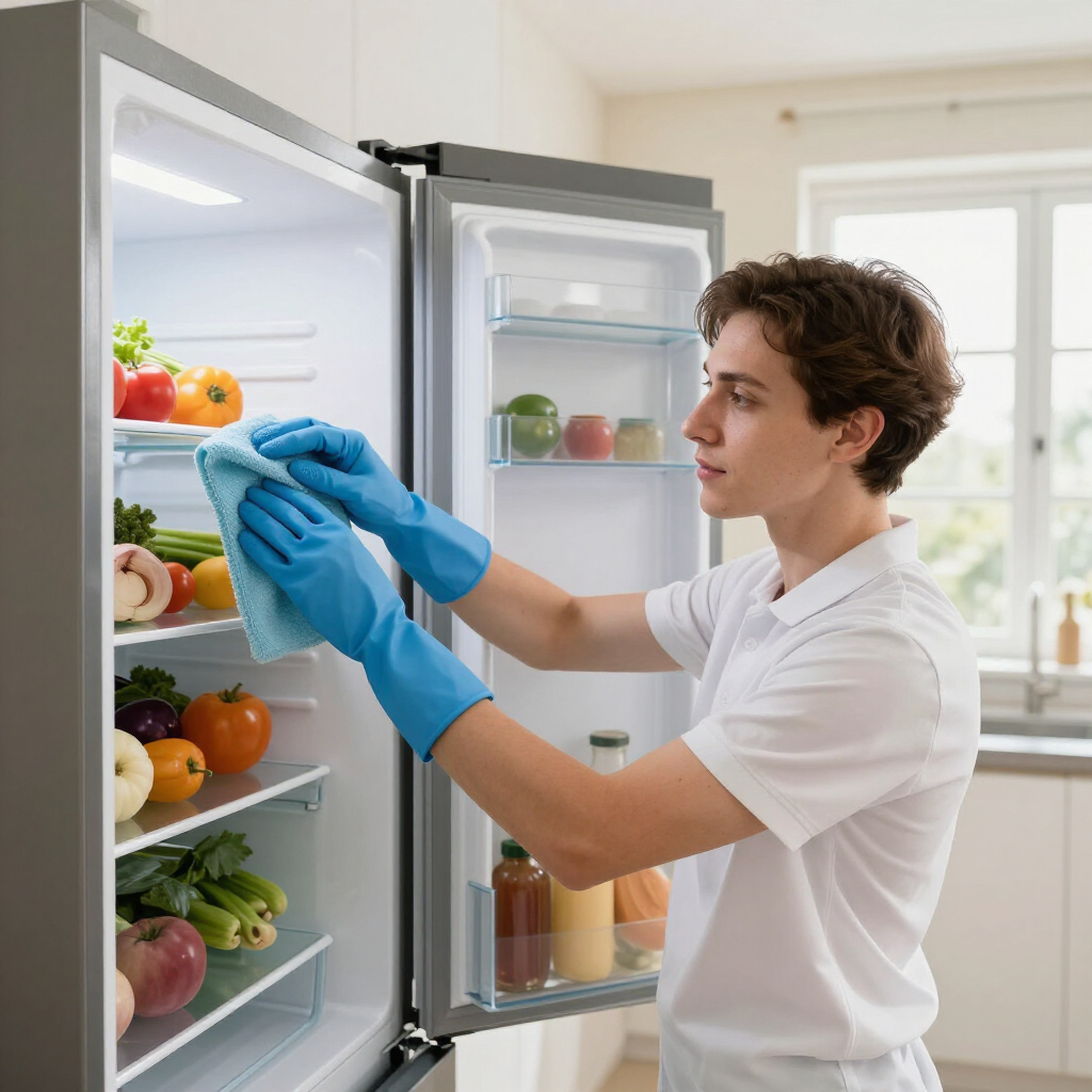 Person in blue gloves cleaning an open refrigerator with fresh produce inside