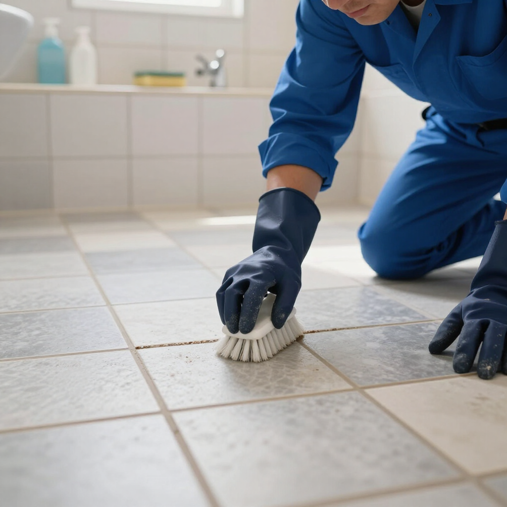 Blue-uniformed worker scrubbing a tiled bathroom floor with a brush and gloves