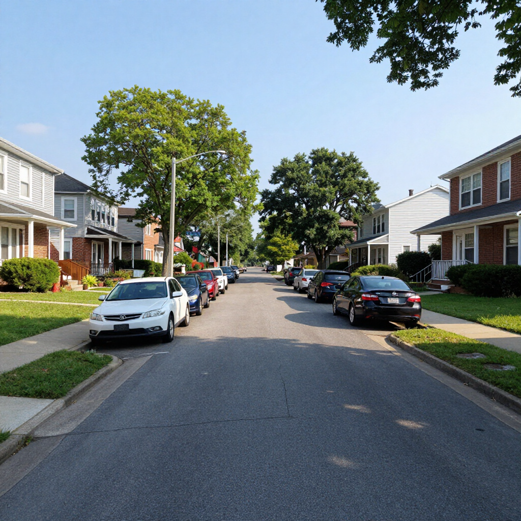 Quiet suburban street with parked cars, trees, and houses on both sides under a clear blue sky