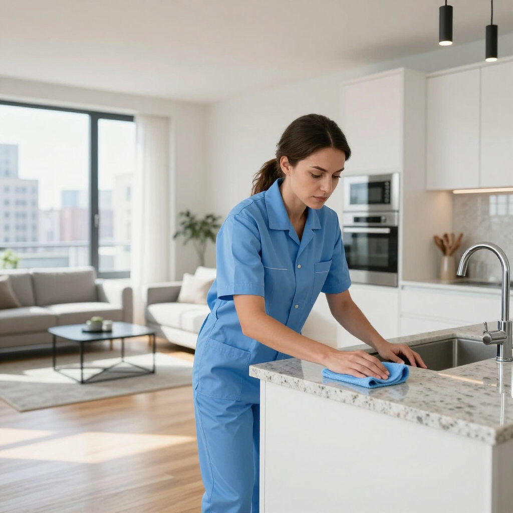 Woman in blue scrubs wiping a kitchen island in a bright modern apartment