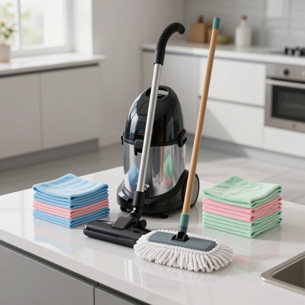 Vacuum and mop on a kitchen counter with folded cleaning cloth stacks on either side