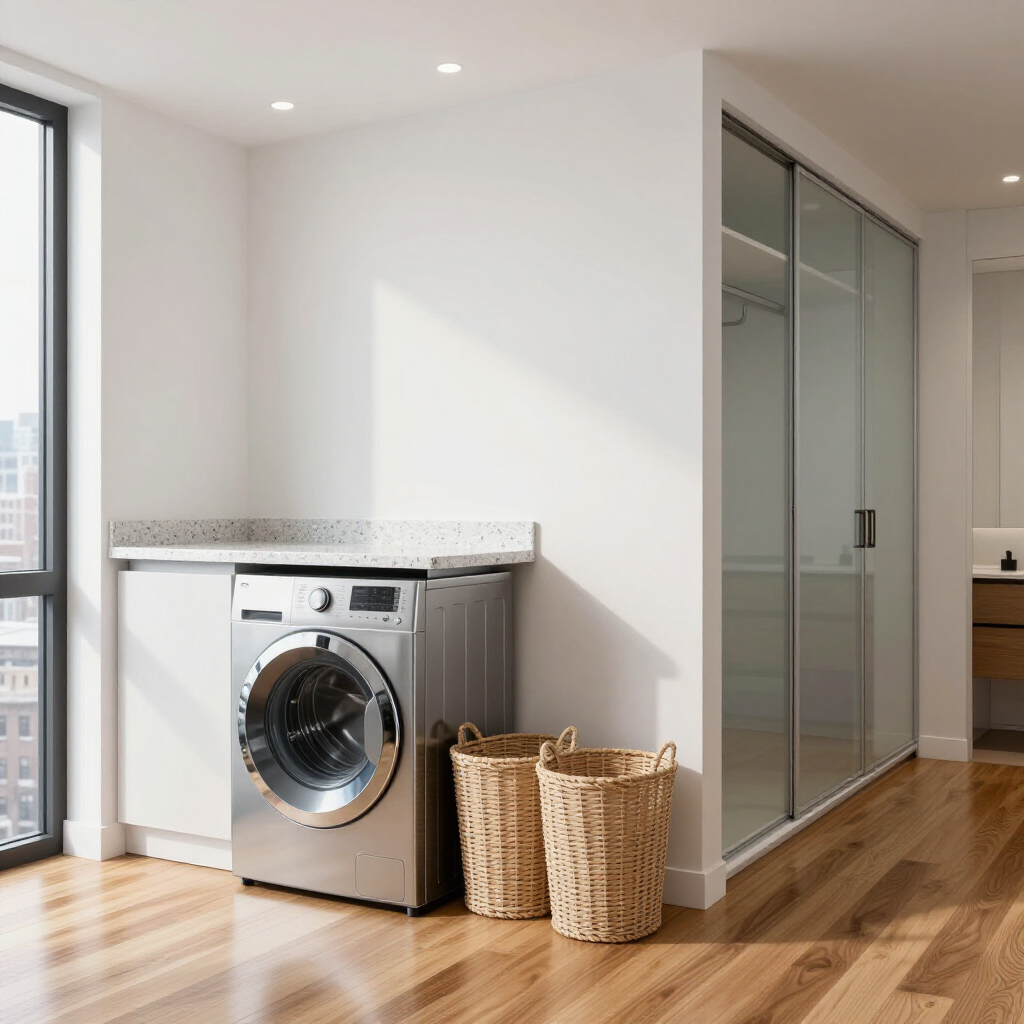 Bright laundry room with a front-loading washer, wicker baskets, and sliding closet doors by a window.