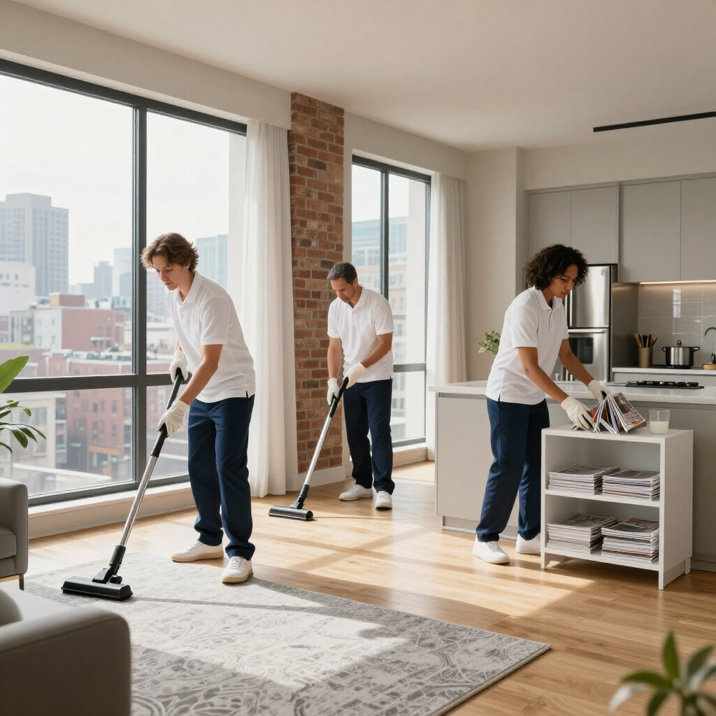 Three cleaners vacuuming and mopping a bright apartment with city views.