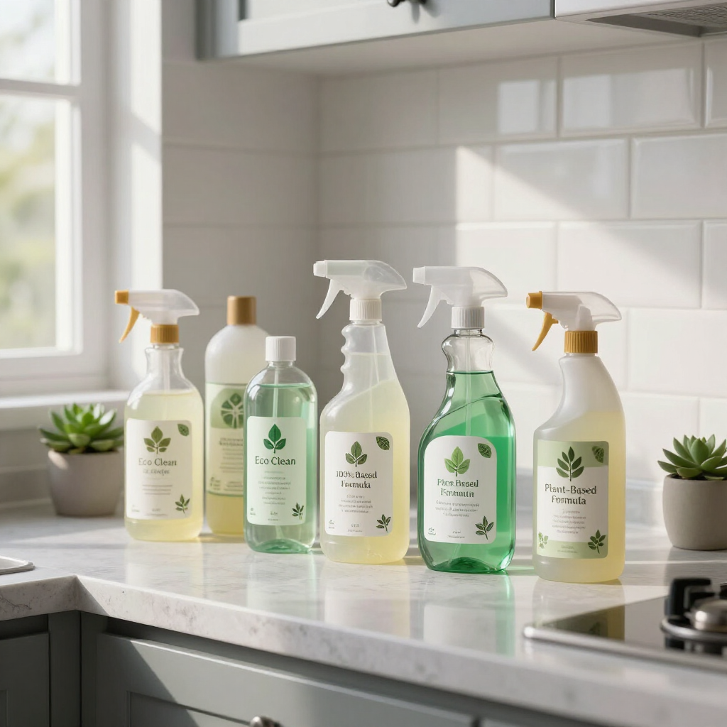 Row of green and white cleaning spray bottles on a bright kitchen counter by a window