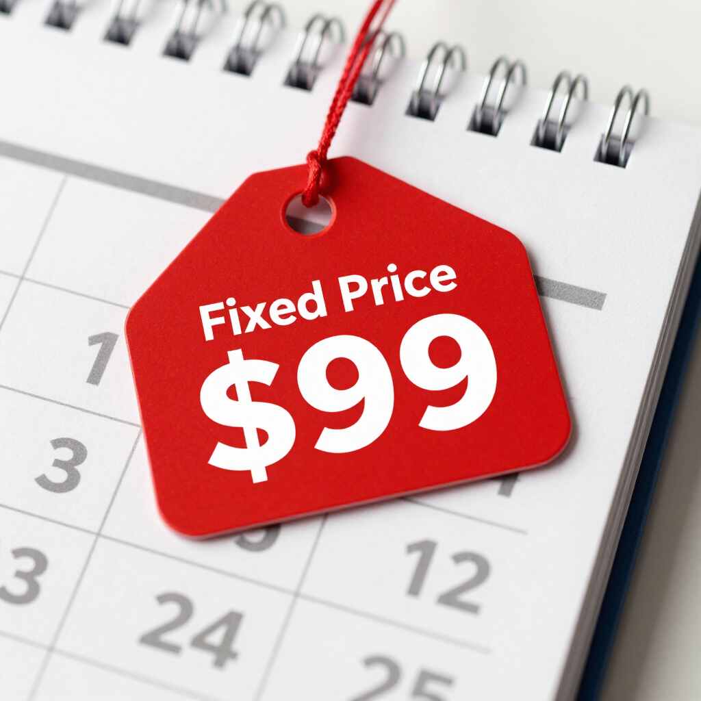 Red price tag reading “Fixed Price $99” on a calendar background
