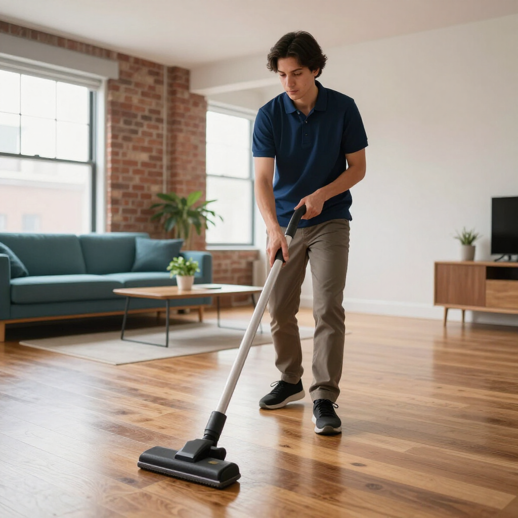 Man vacuuming a hardwood floor in a bright living room with a blue sofa and brick wall