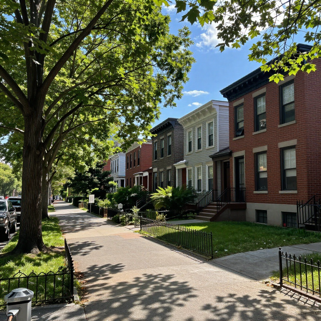 Tree-lined residential street with row houses, sidewalk, and parked cars on a sunny day