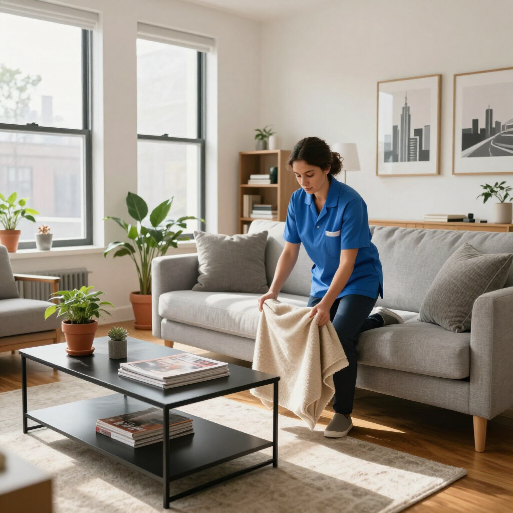 Person tidying a living room beside a gray sofa and coffee table in a sunlit apartment