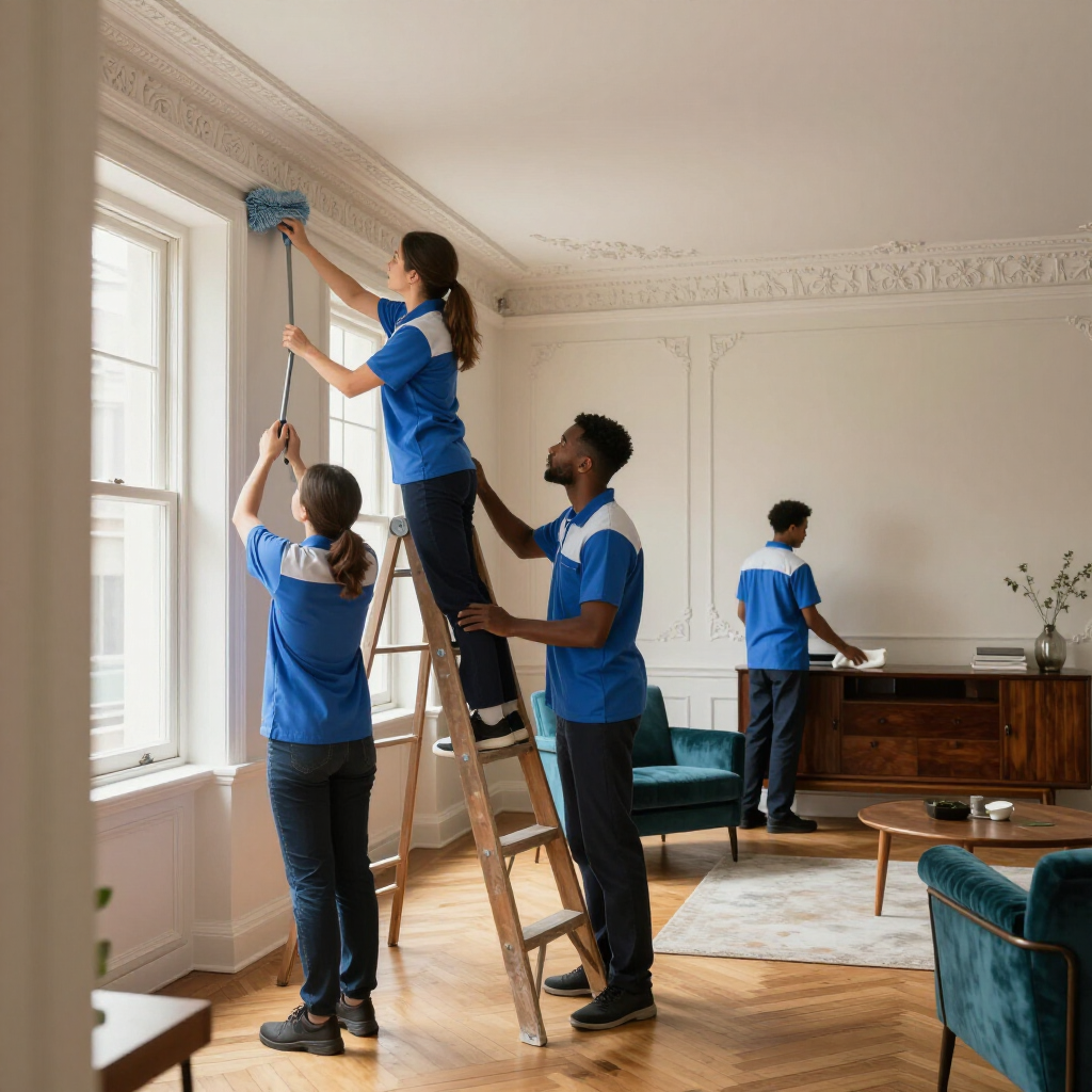 Team of cleaners dusting and cleaning a bright living room with a ladder and blue uniforms