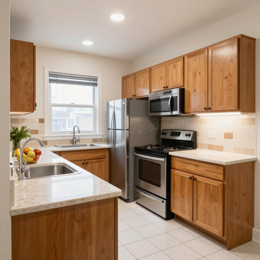 Bright modern kitchen with wood cabinets, stainless steel appliances, and white tile flooring