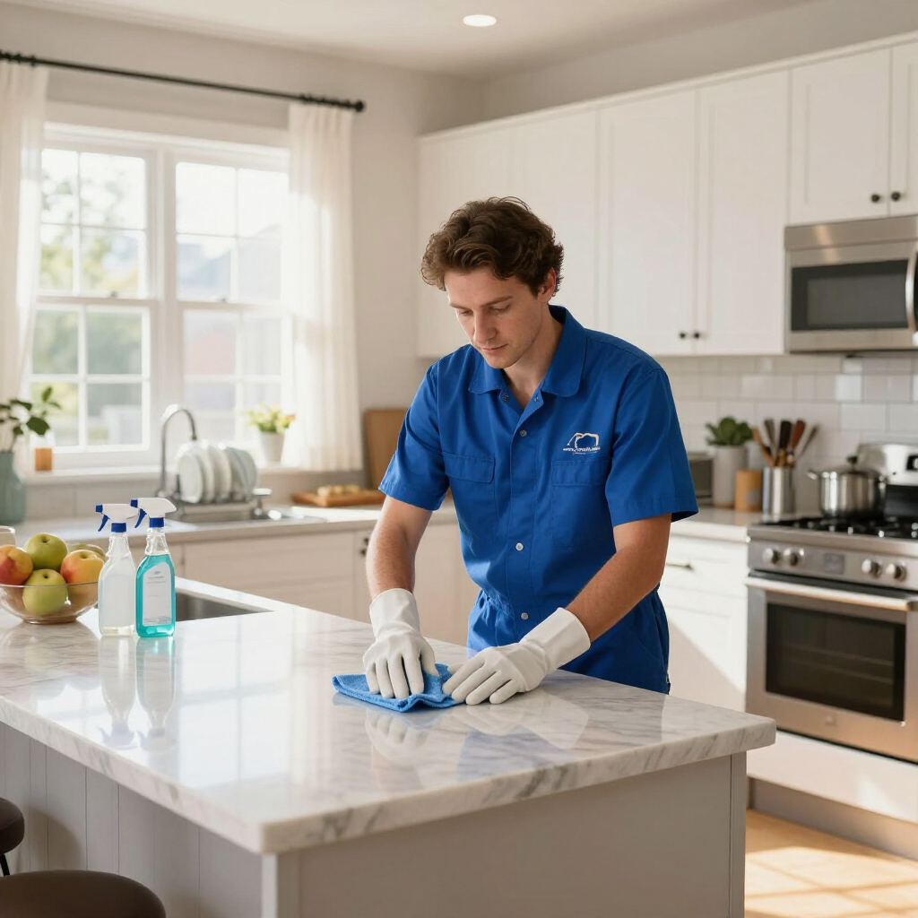 Person in blue shirt cleaning a kitchen countertop with spray bottle and cloth in a bright modern kitchen