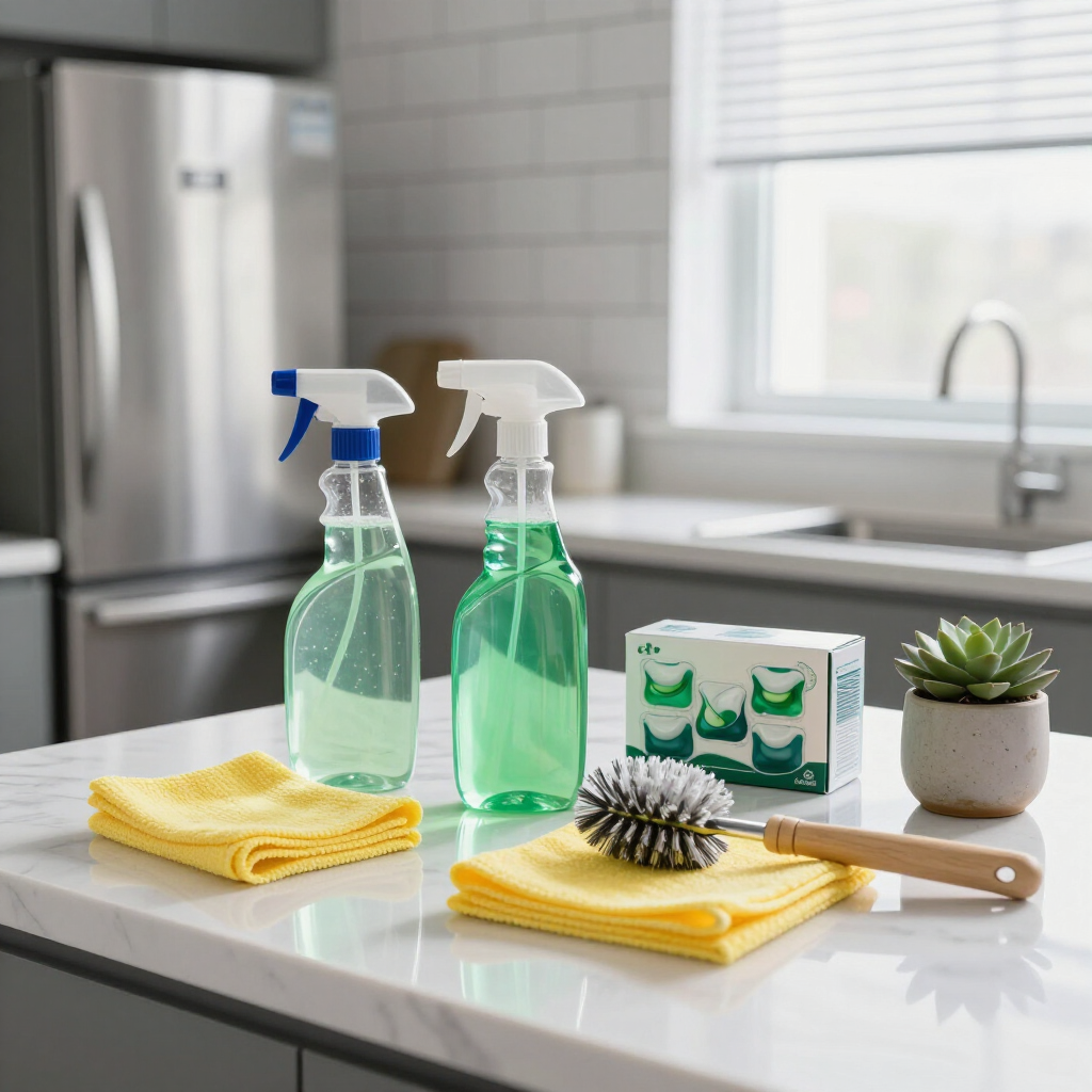Cleaning supplies and cloths arranged on a kitchen counter near a sink and window.