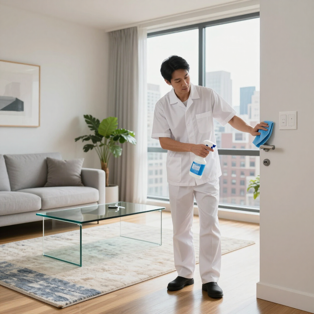Cleaner wiping a bright apartment door handle while holding a spray bottle and cloth