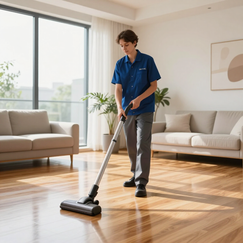 Person vacuuming a bright living room with beige sofas and large windows