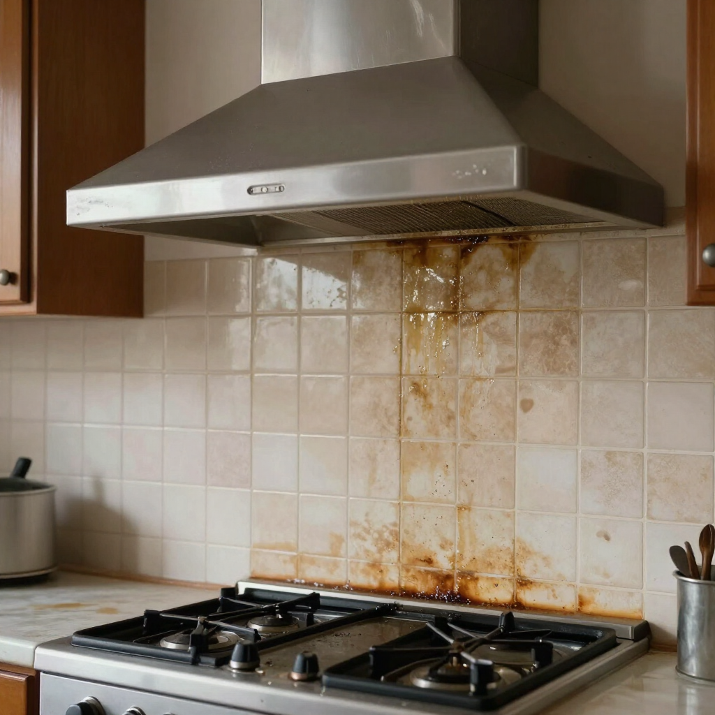 Stainless steel stove hood above a gas cooktop with brown grease stains on the tiled backsplash.