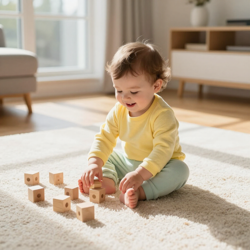 Toddler in yellow shirt playing with wooden blocks on a rug in a sunlit room