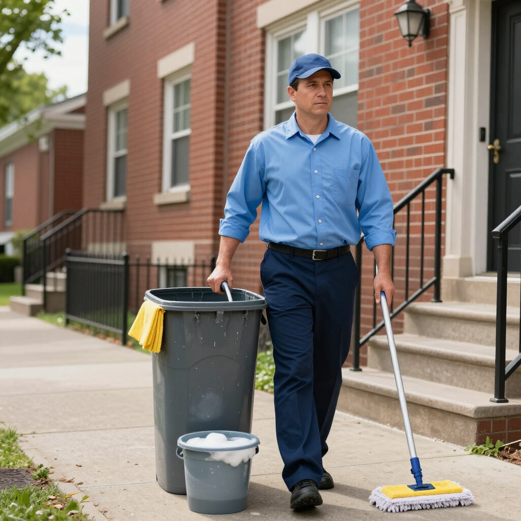 Garbage collector in blue uniform pushing a trash bin beside a broom on a residential sidewalk