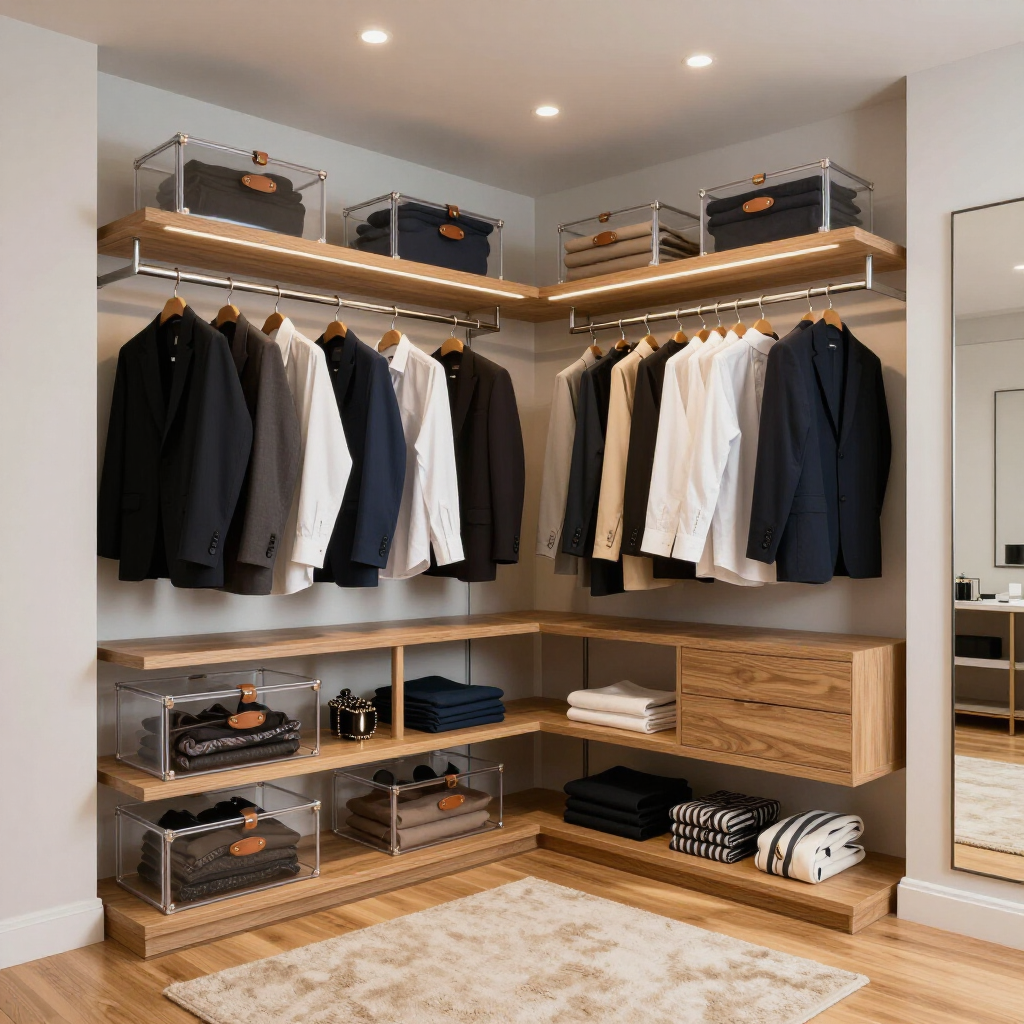 Walk-in closet with wooden shelving, hanging clothes, storage bins, and a woven rug under warm lights