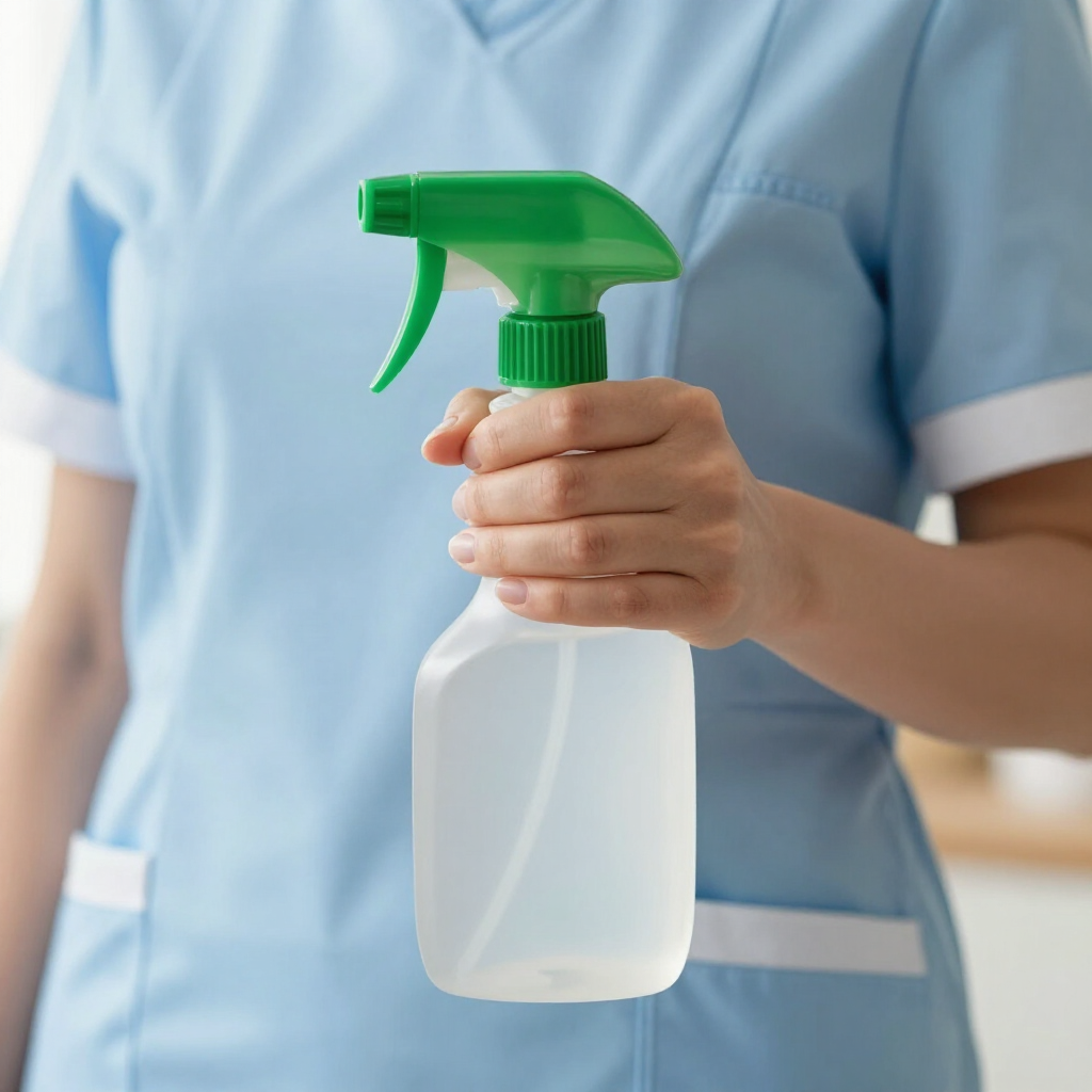Person in blue uniform holding a clear spray bottle with a green nozzle.