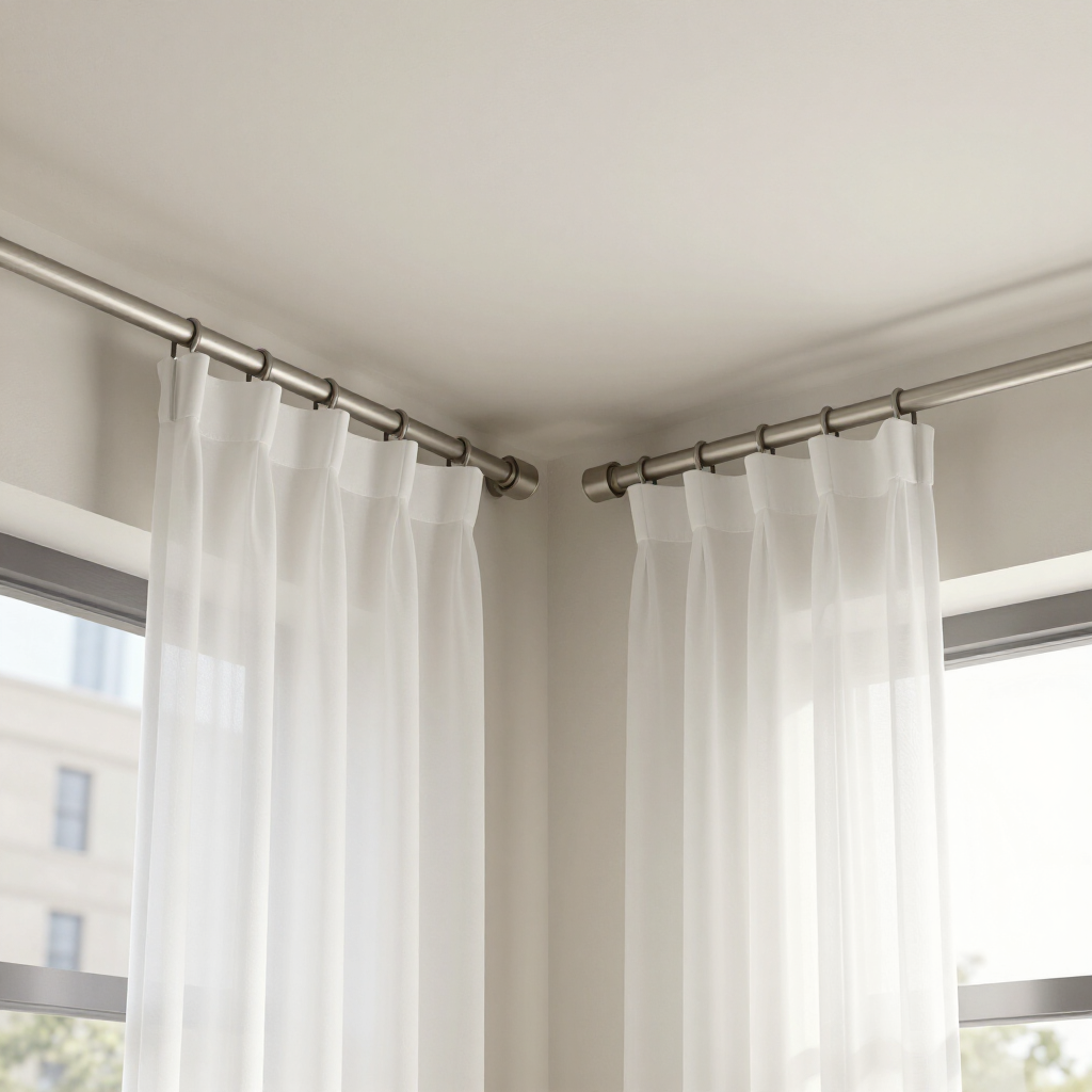 Sheer white curtains hanging from corner-mounted rods over two windows in a bright room
