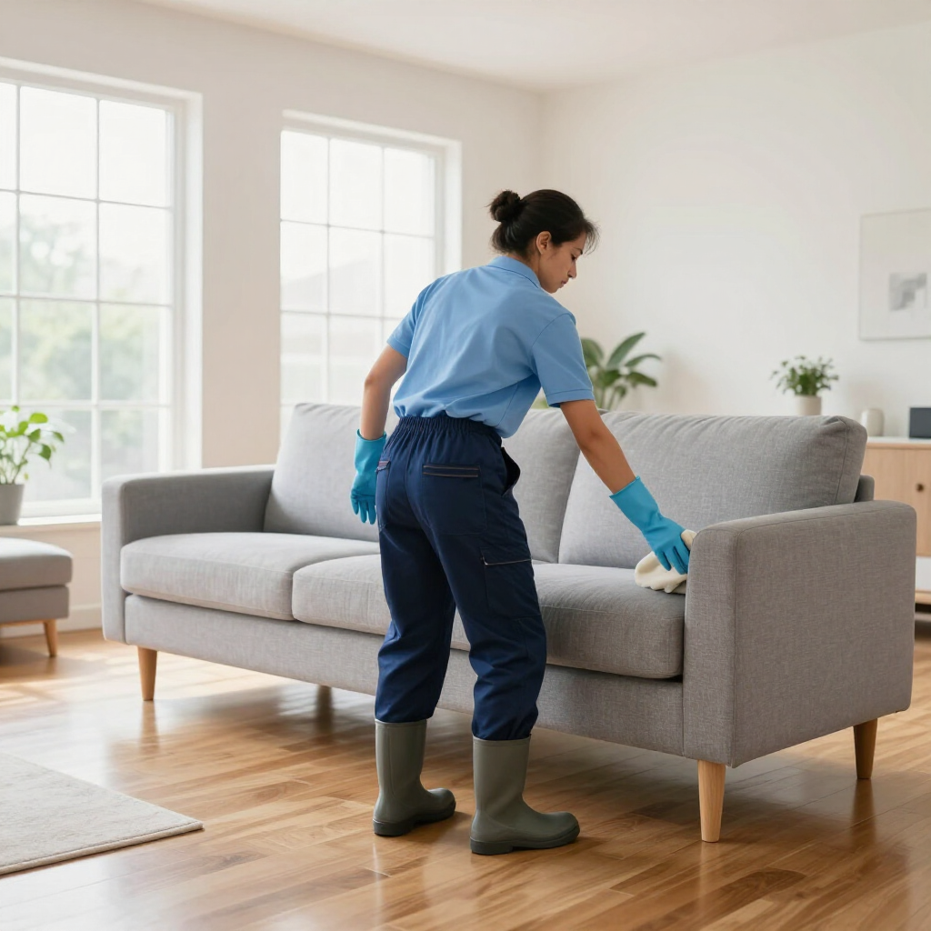 Person in gloves cleaning a gray sofa in a bright living room