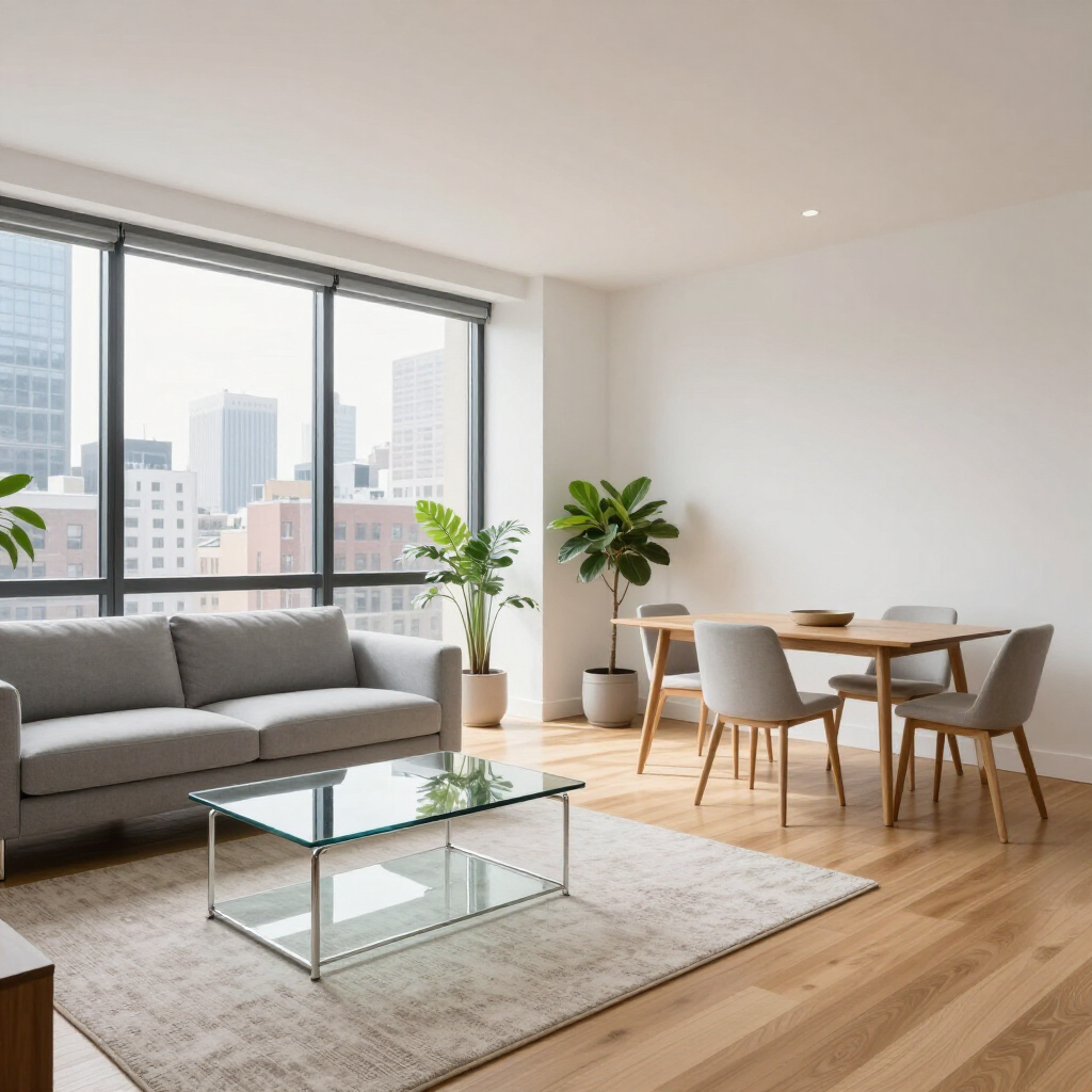 Bright modern living room with gray sofa, glass coffee table, dining set, plants, and large city-view windows