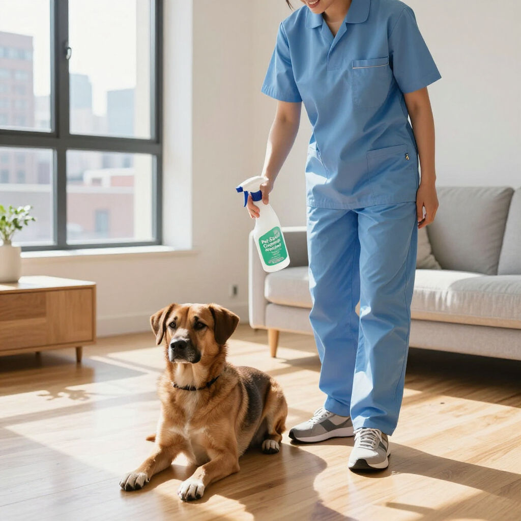 Person in blue scrubs holding a spray bottle beside a dog in a bright living room