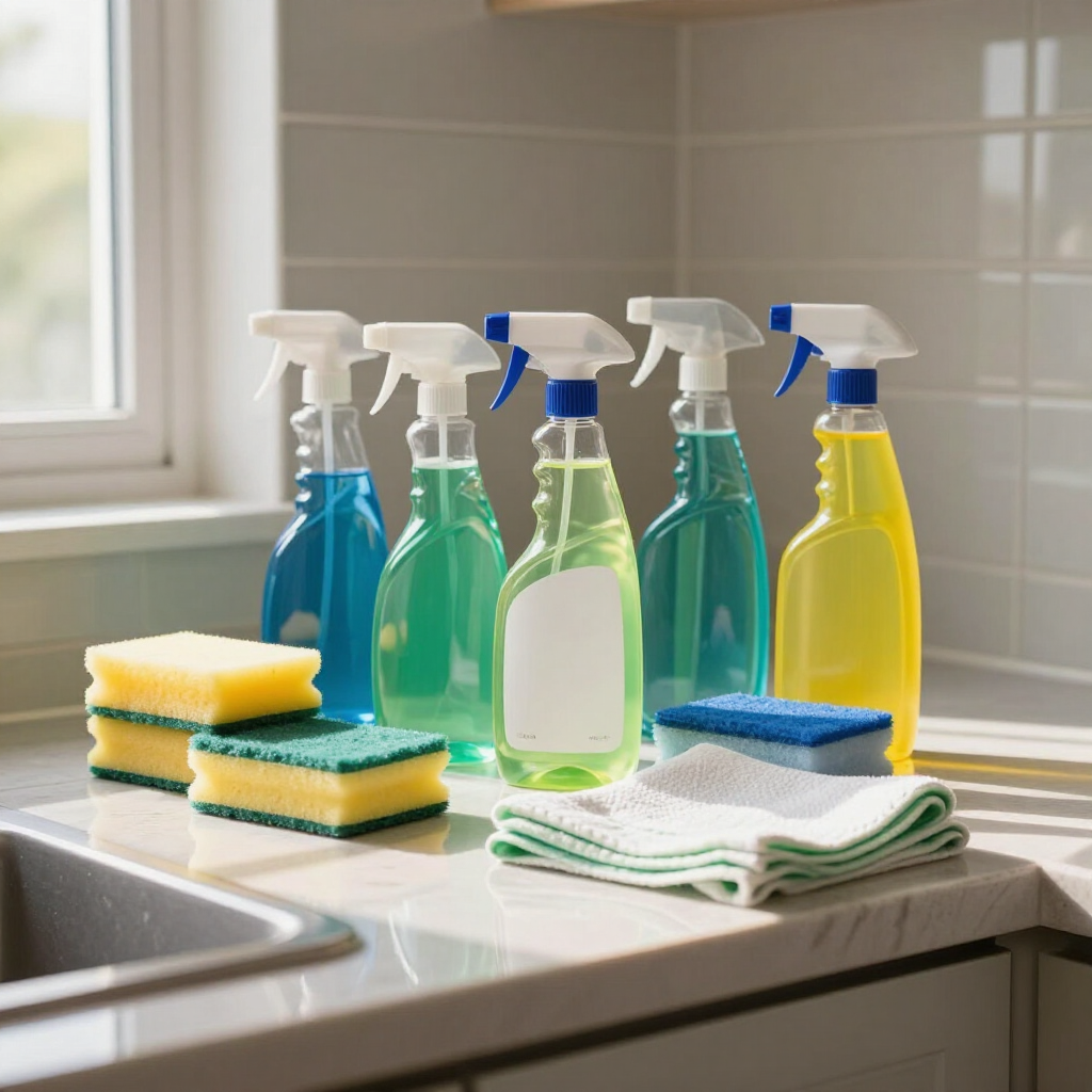 Cleaning supplies on a kitchen counter: colorful spray bottles, sponges, and folded cloths near a sink.