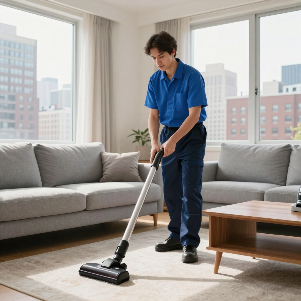 Person vacuuming a bright living room with a gray sofa and wooden coffee table