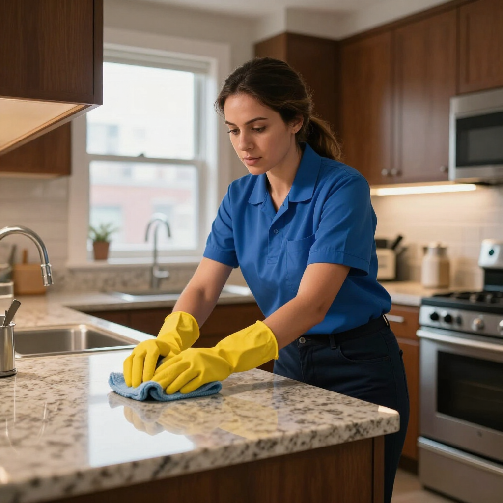 Woman cleaning a granite kitchen counter with yellow gloves and a blue cloth