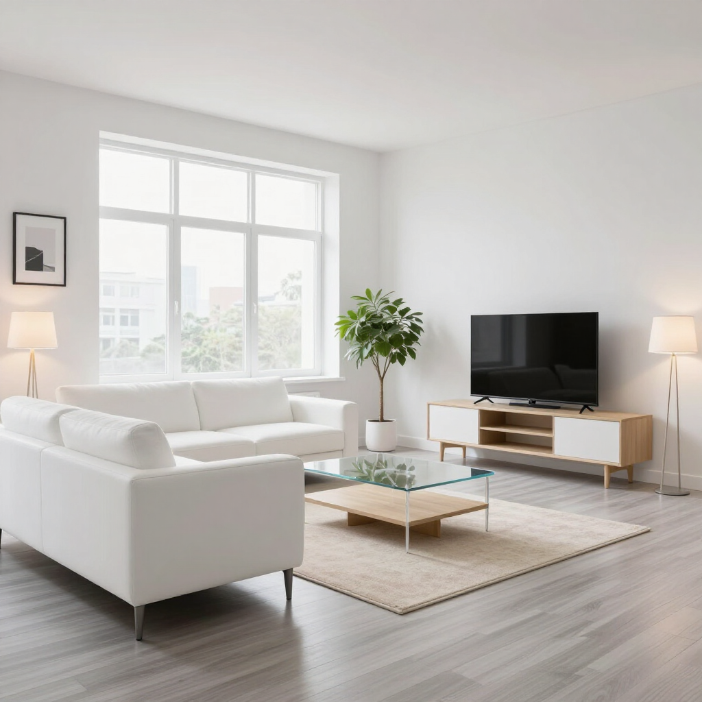 Bright minimalist living room with white sofa, TV, coffee table, plant, and floor lamps