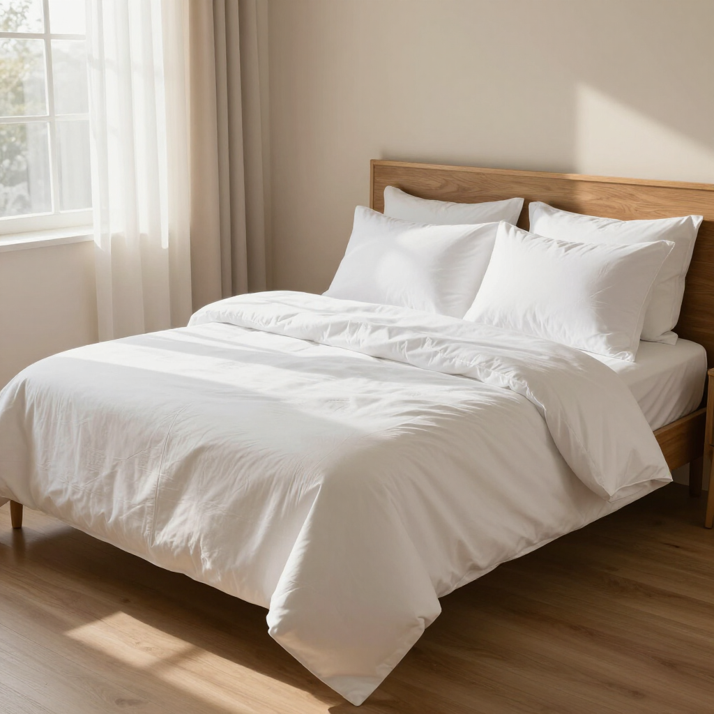 Sunlit bedroom with a neatly made white bed, wooden headboard, and window with curtains