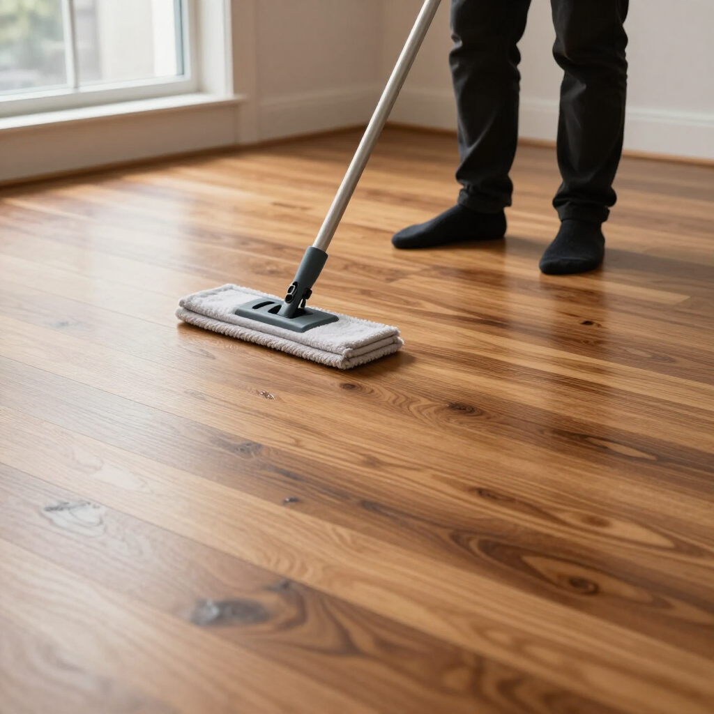 Person mopping a polished wooden floor in a sunlit room