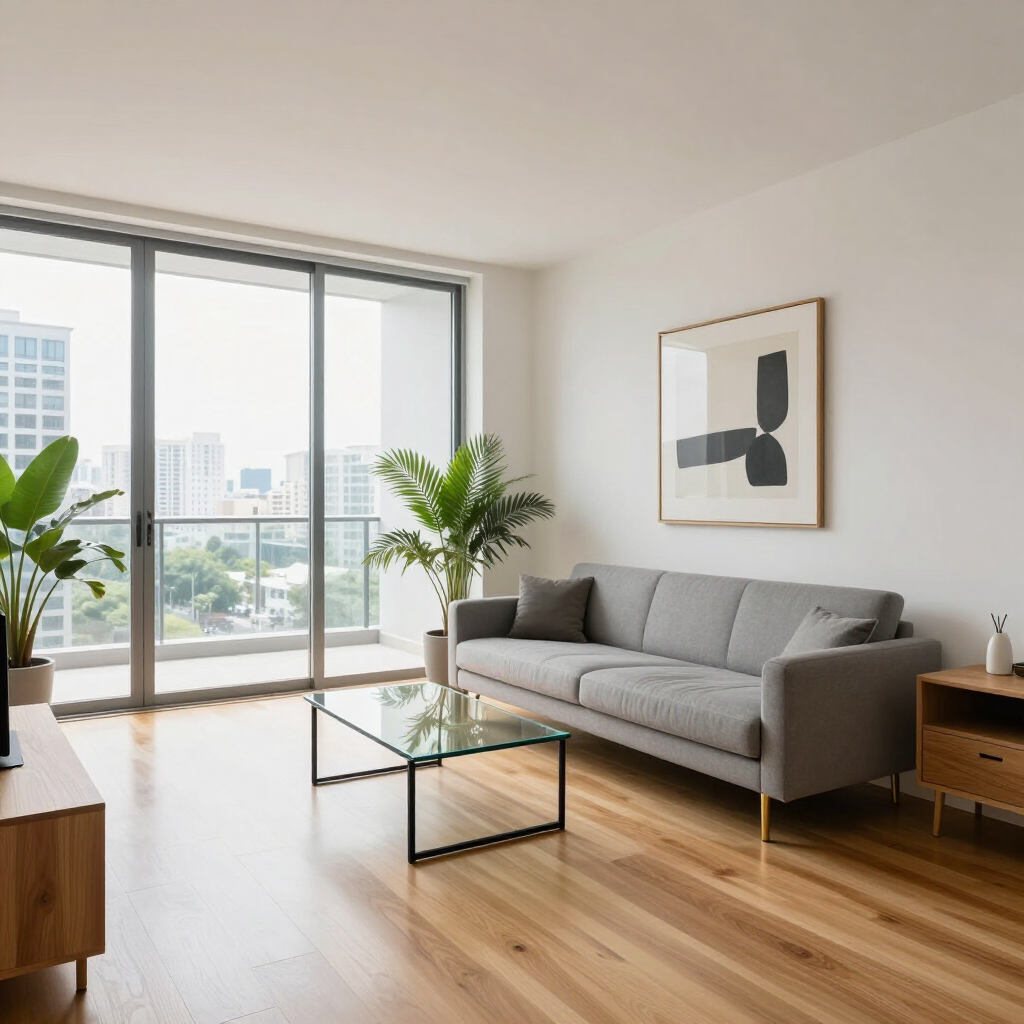 Bright living room with gray sofa, glass coffee table, large windows, plants, and a city view.