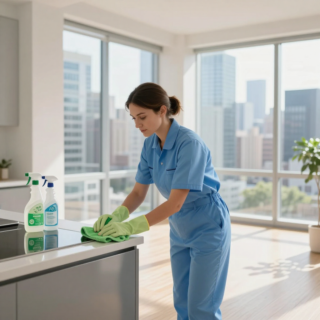 Cleaner wiping a countertop in a bright office with city windows, holding green cloths and sprays nearby