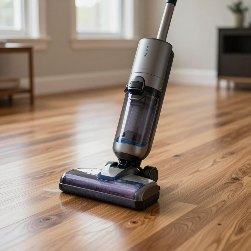 Cordless vacuum cleaning a hardwood floor in a sunlit room