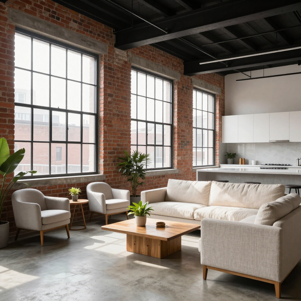 Bright modern loft living room with large windows, white sofa, chairs, and wooden coffee table