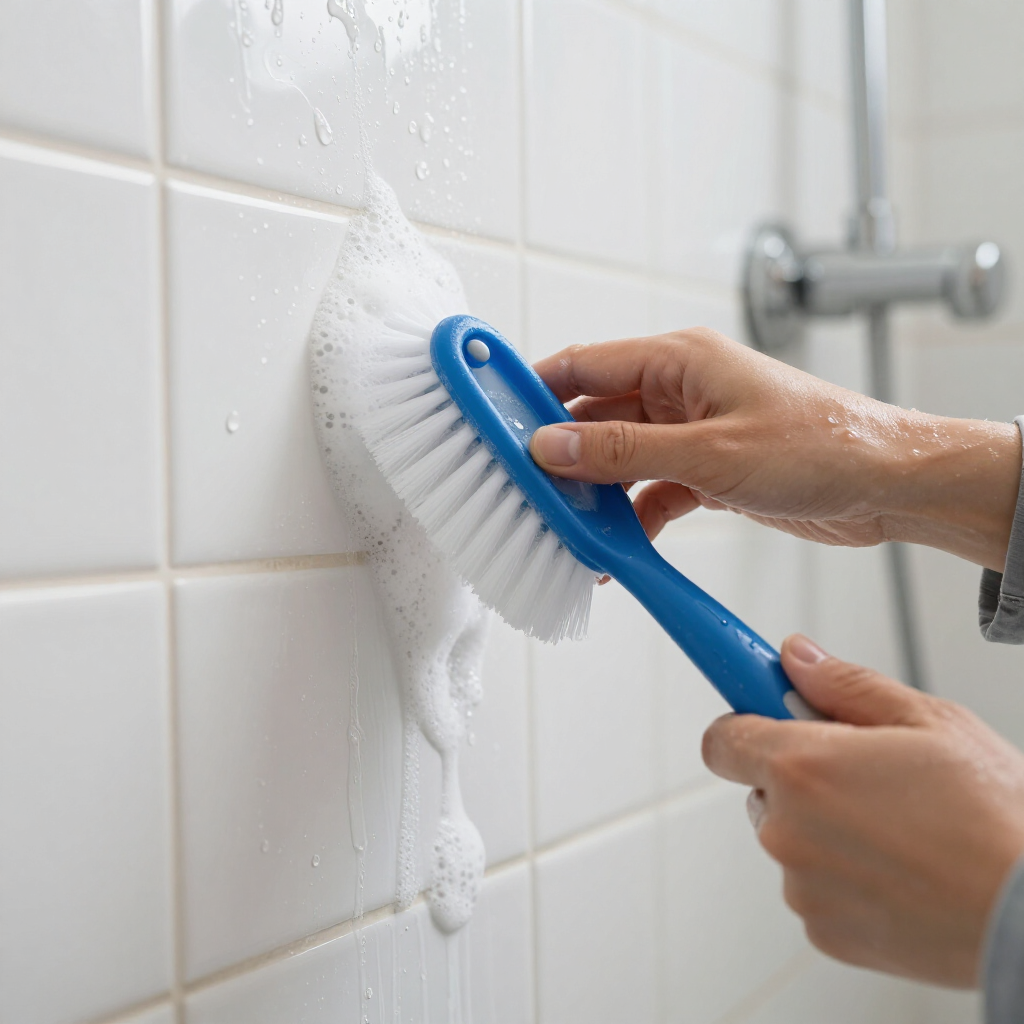 Hands scrubbing white bathroom tiles with a blue brush and soapy foam