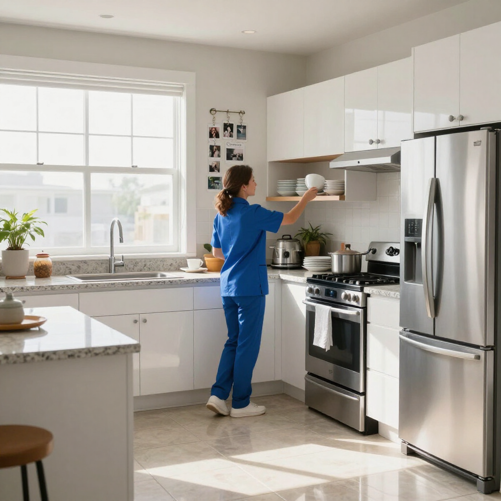 Person in blue scrubs reaching into a kitchen cabinet beside a stove and stainless-steel refrigerator.