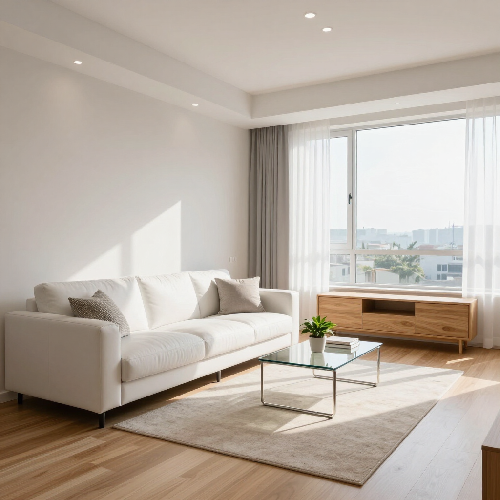 Bright modern living room with white sofa, glass coffee table, beige rug, and large window view.