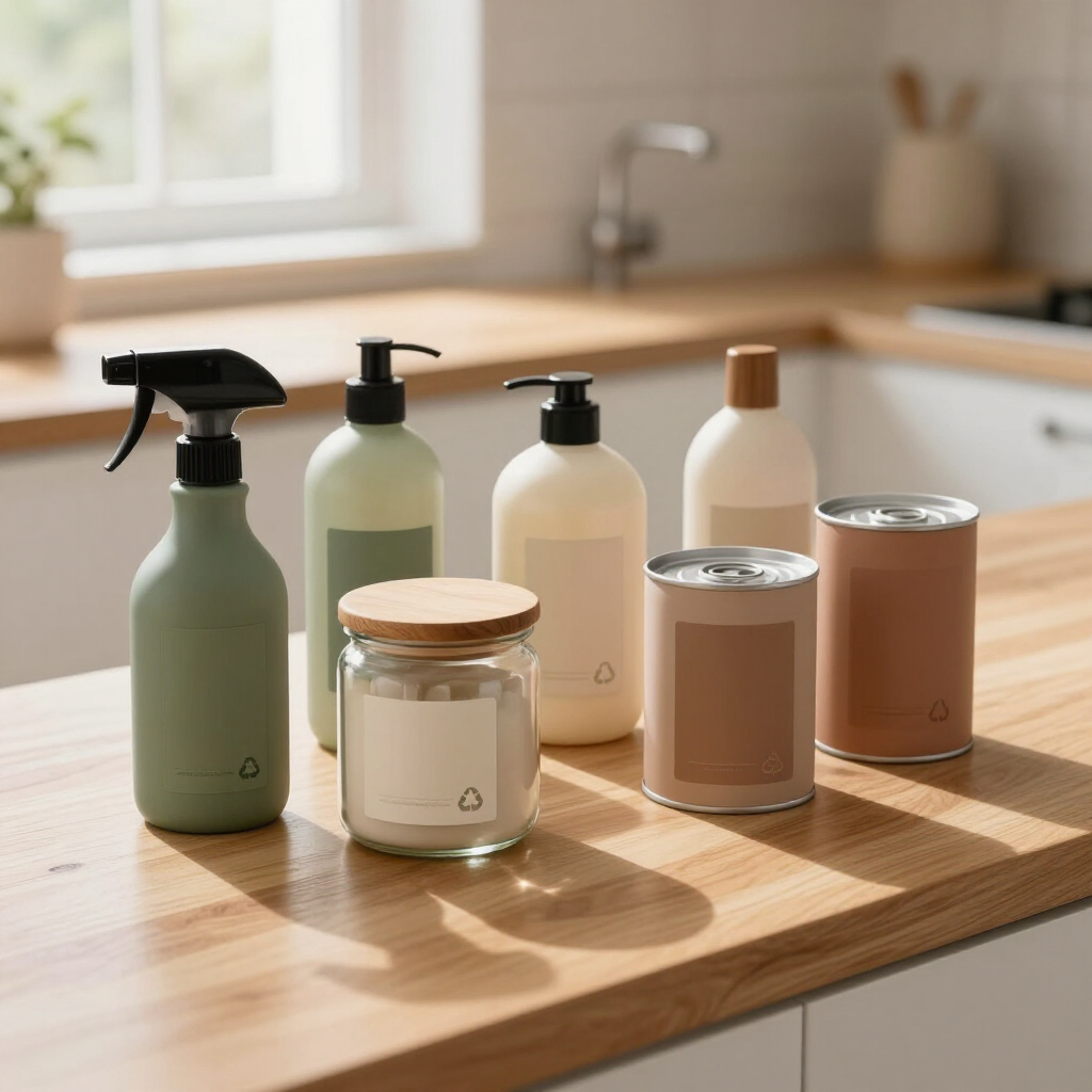 Assorted refillable bottles and jars on a sunlit kitchen countertop by a window.