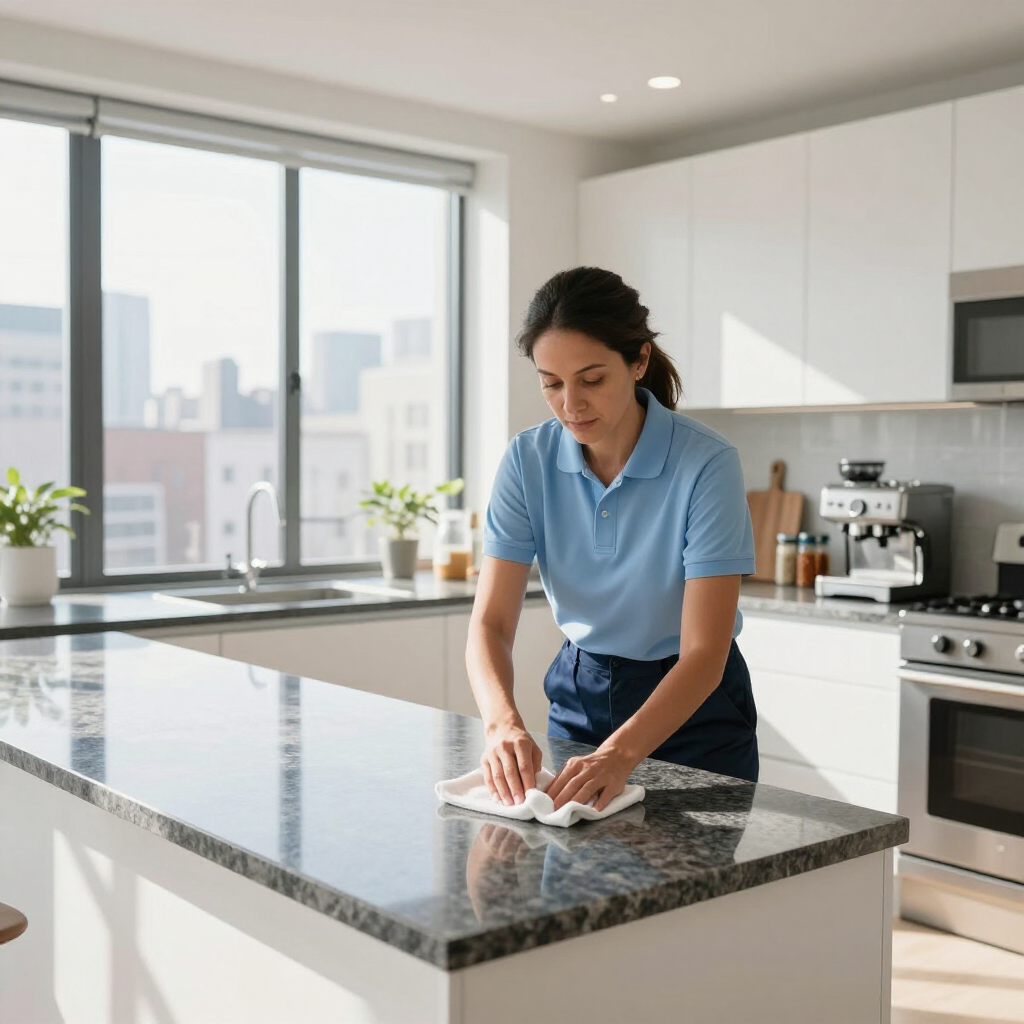 Person wiping a granite kitchen island in a bright modern kitchen