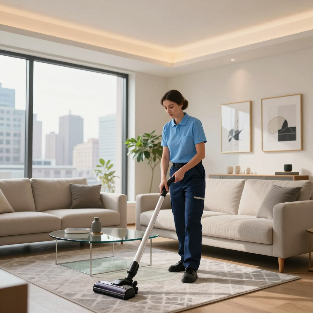 Person vacuuming a living room with beige sofas and city view through large windows