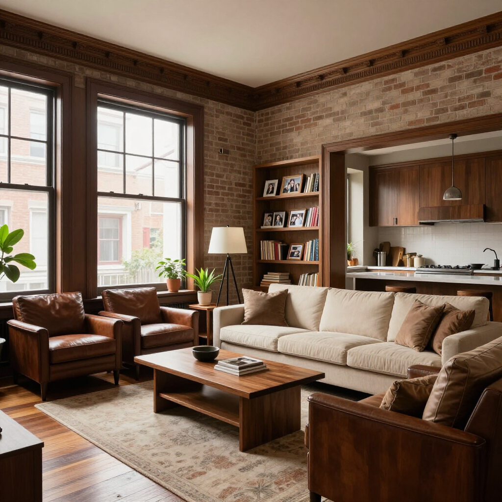 Warm living room with brick walls, leather chairs, sofa, wood coffee table, and large windows